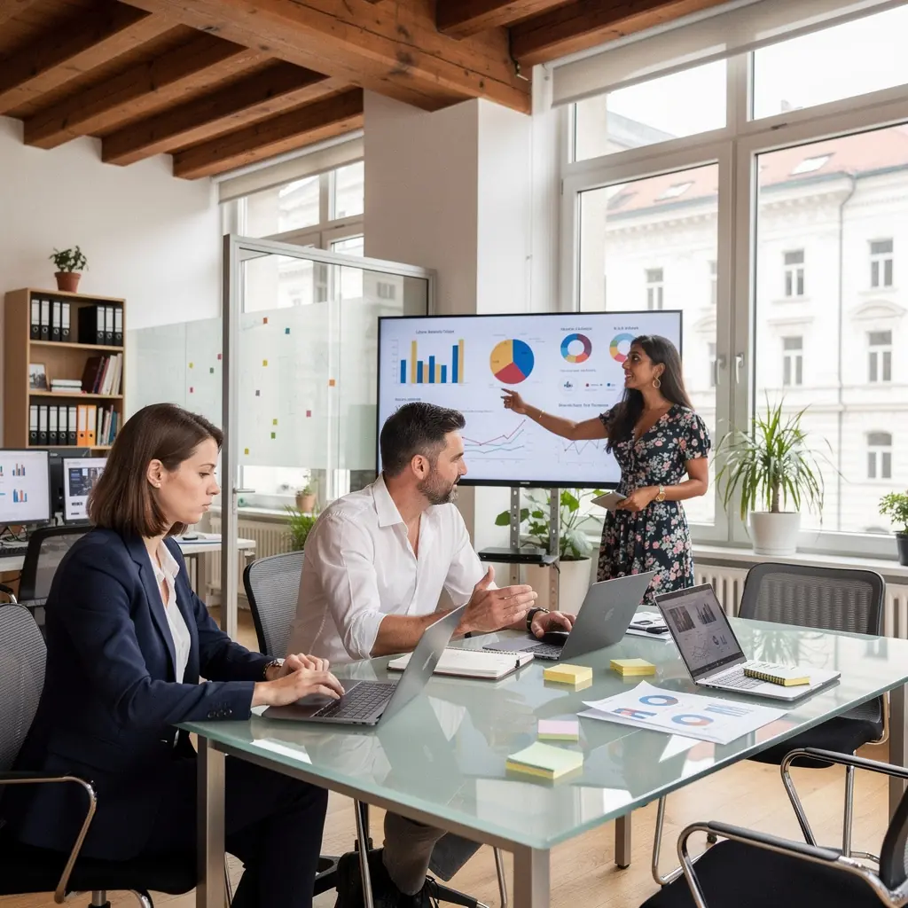 Ein Werbeplakat in der Innenstadt zieht Passanten mit auffälligem Design an.