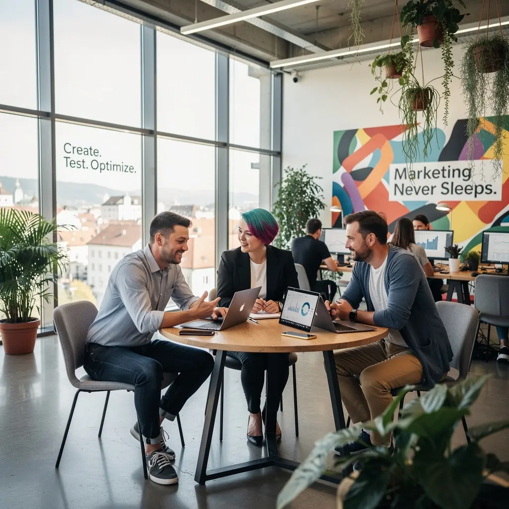 Ein kreatives Brainstorming-Meeting mit Notizen und Skizzen auf einem Tisch.